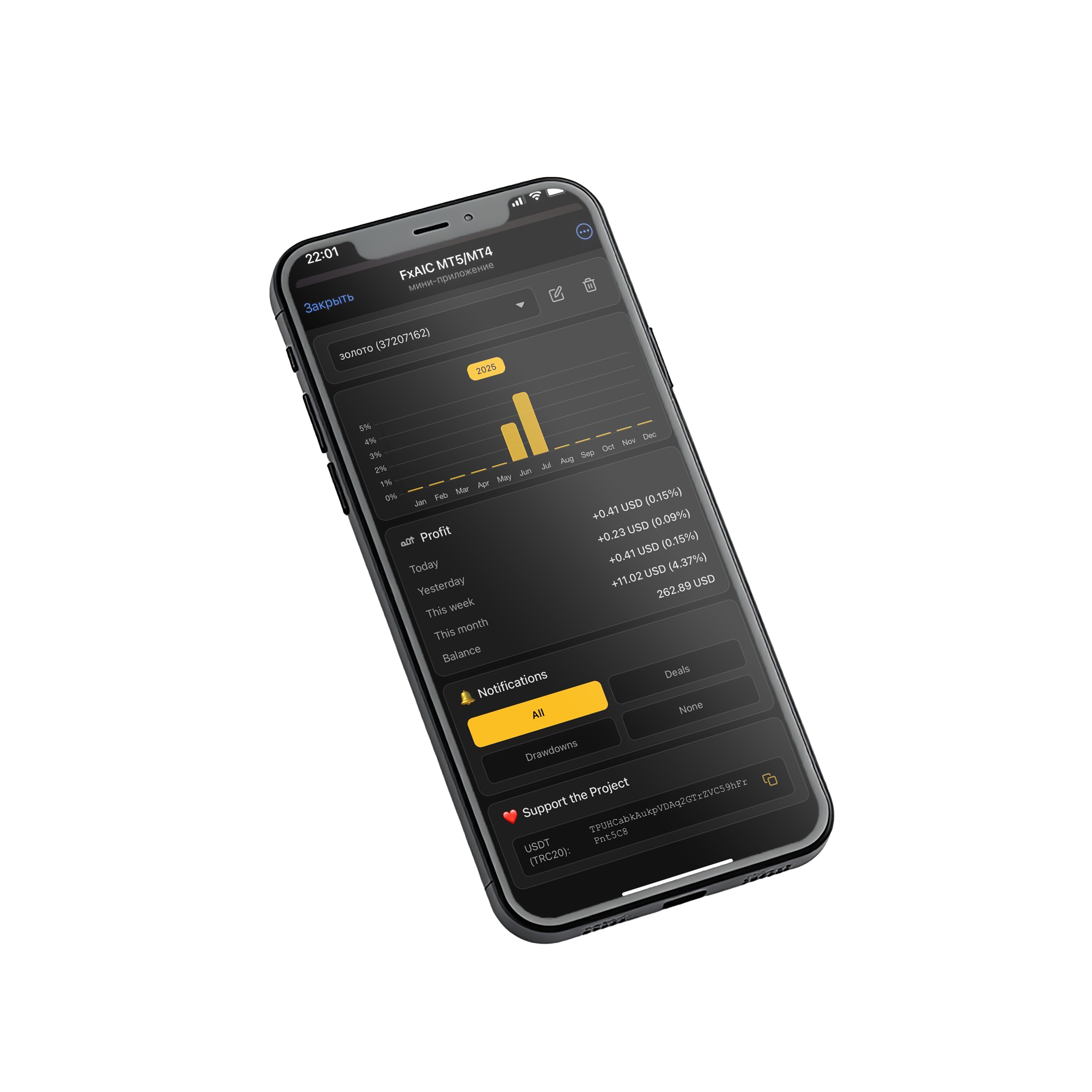 Smartphone mockup with notifications from the Telegram bot